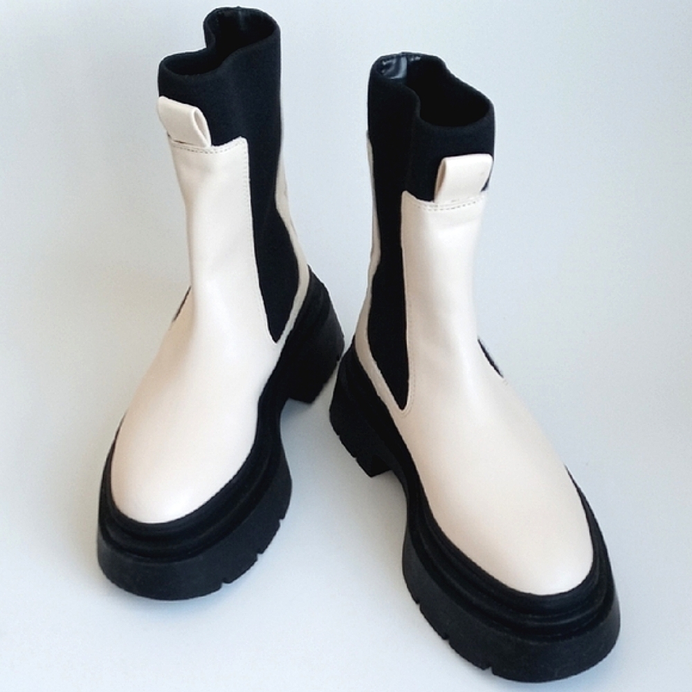 Mango Women's Cream with Black Ankle Sock Platform Boots 7.5 (38) ThickLug Soles - Picture 2 of 16